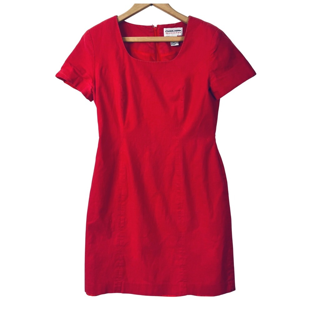 Vintage CAROL HORN WORKSHOP Red Linen Cotton‎ Petite Sheath Dress Size 8P